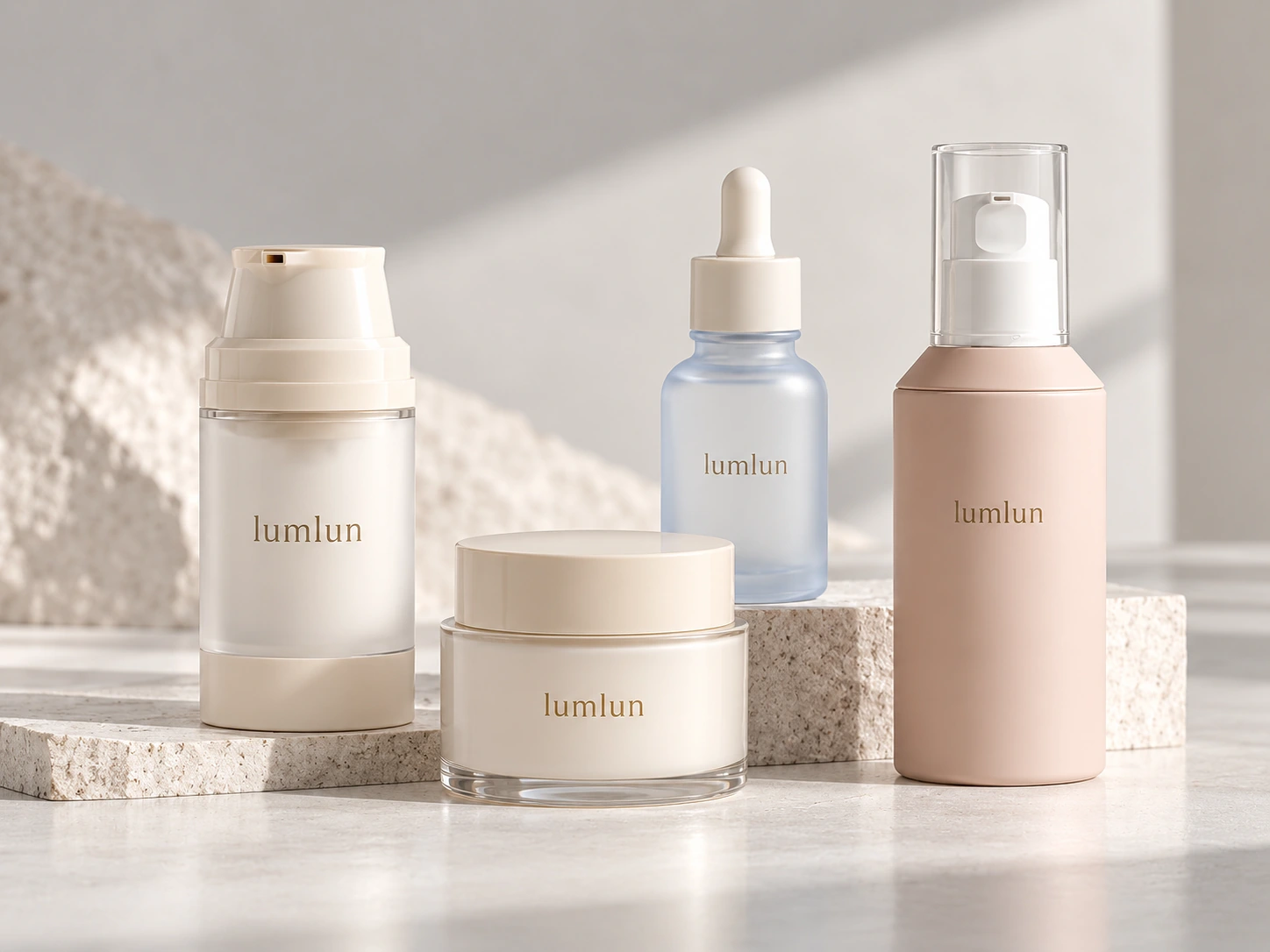 LumLun luxury cosmetic packaging collection with airless bottle, cream jar, dropper bottle and lotion bottle in a coordinated premium design