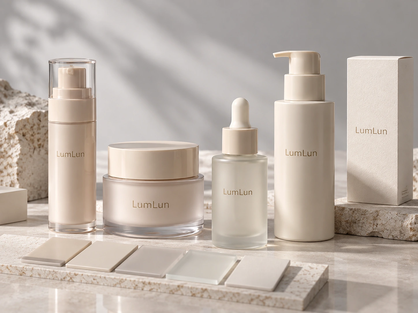 LumLun luxury cosmetic packaging color consistency across bottles, cream jar, dropper bottle and paper box with physical color samples