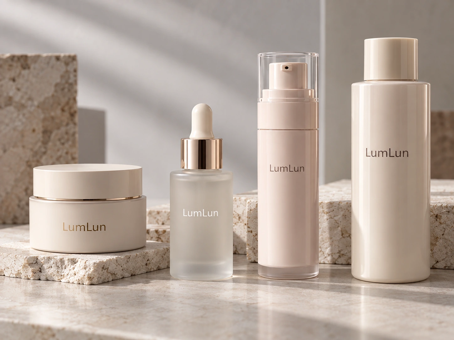 LumLun cosmetic packaging with matte, gloss, frosted and refined surface finishes for a coordinated premium direction