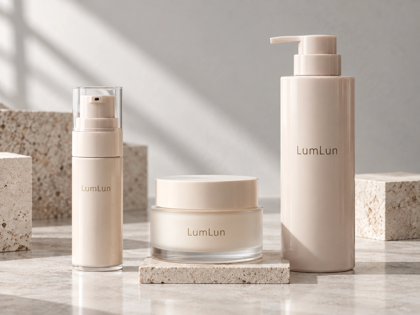 LumLun premium cosmetic packaging showing balanced logo scale, clean artwork areas and negative space across different container sizes