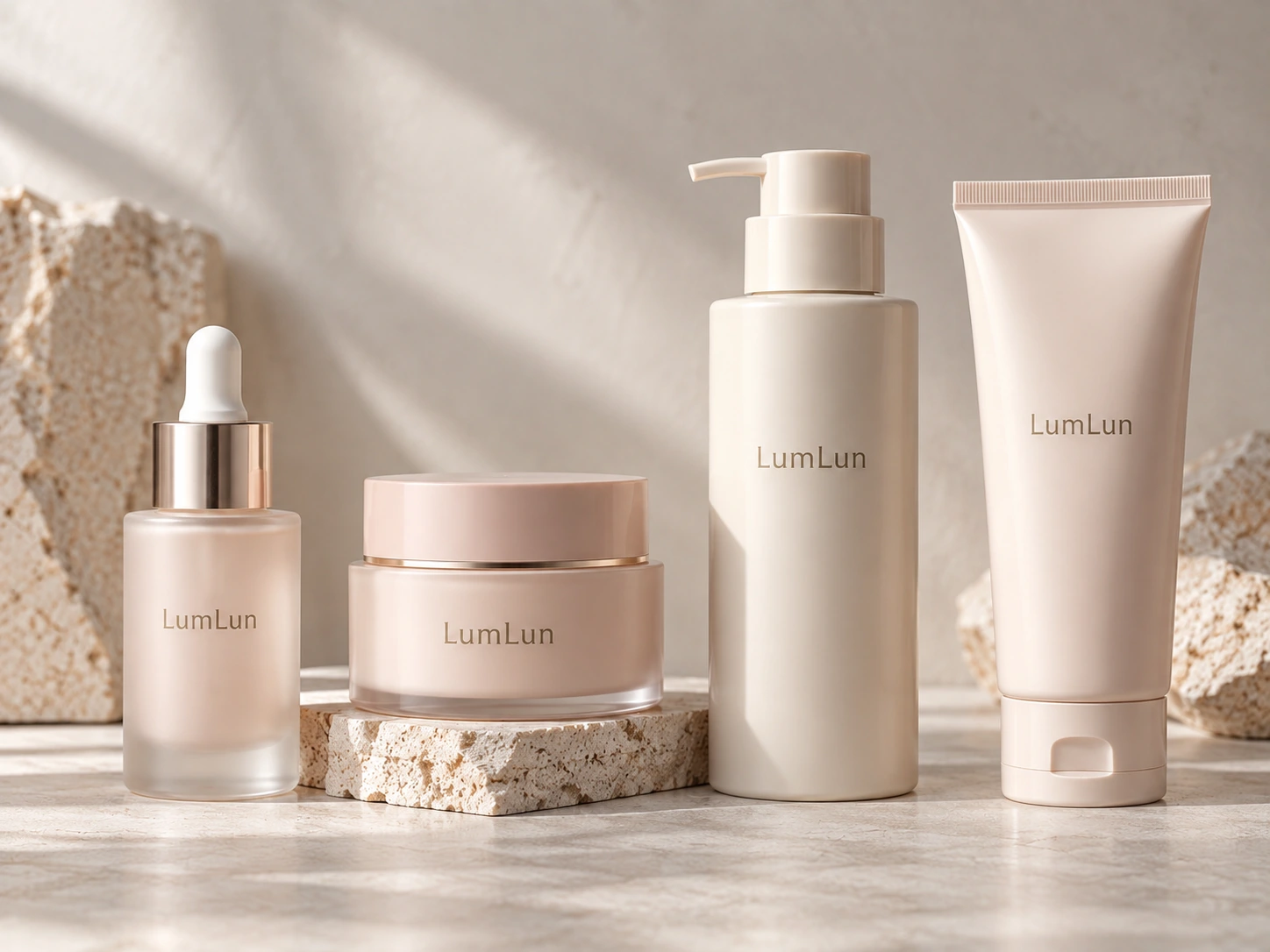 LumLun skincare packaging family with serum dropper bottle, cream jar, lotion pump bottle and cosmetic tube in one coordinated brand direction