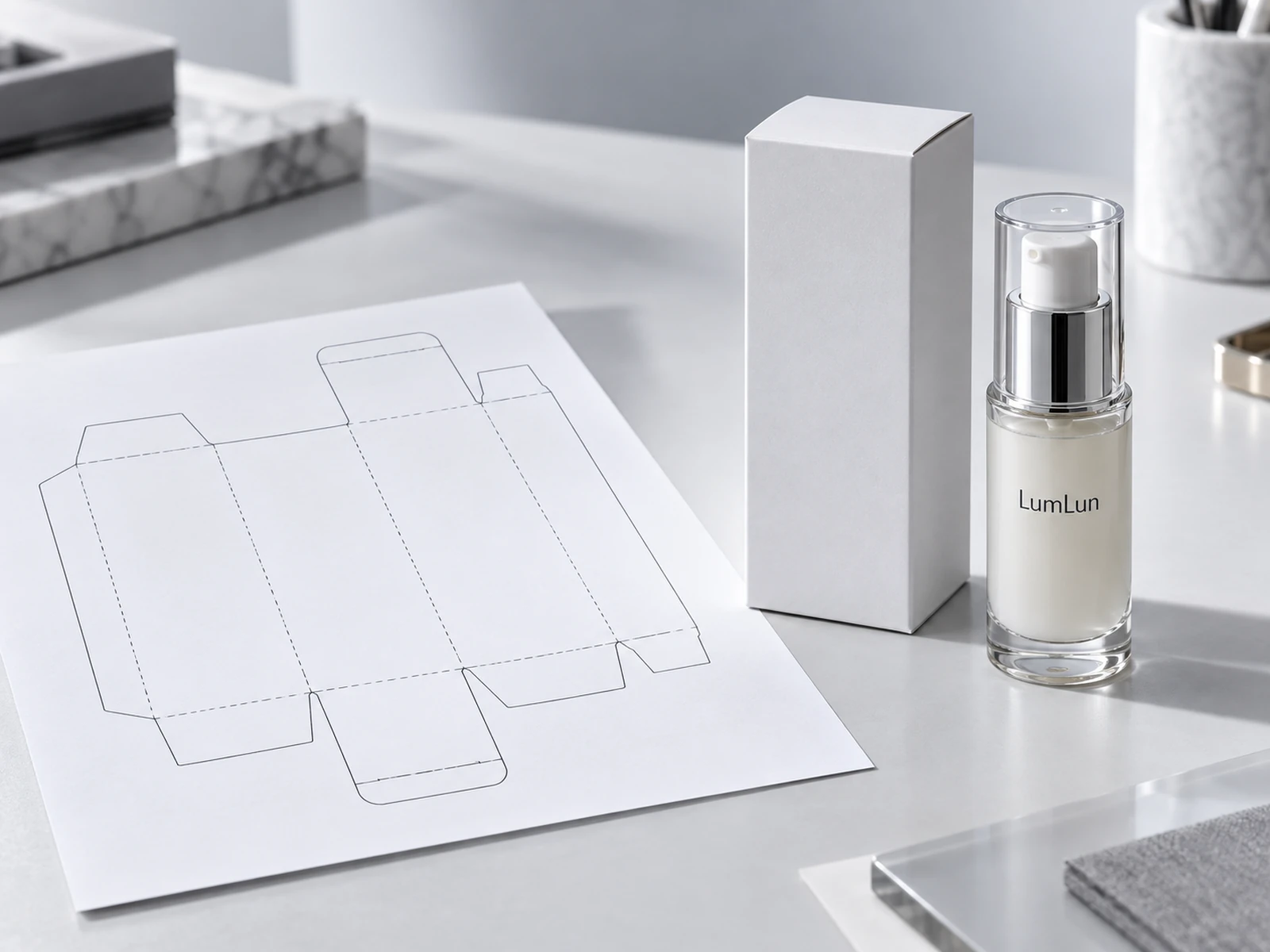 LumLun serum pump bottle beside a matching paper box and unfolded dieline used to develop the box structure from the actual package