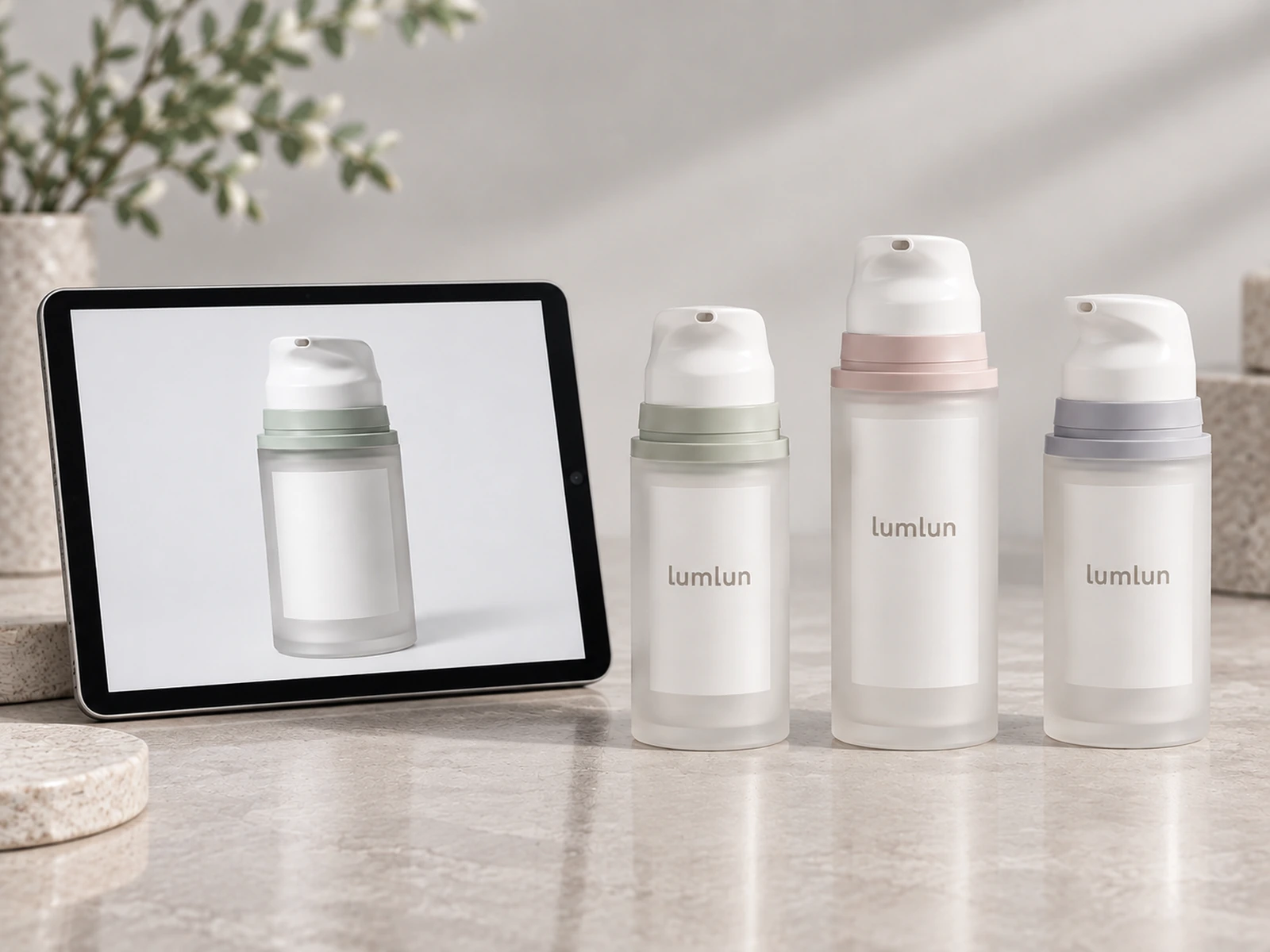 Reference image of an airless bottle beside three similar real LumLun airless packaging models
