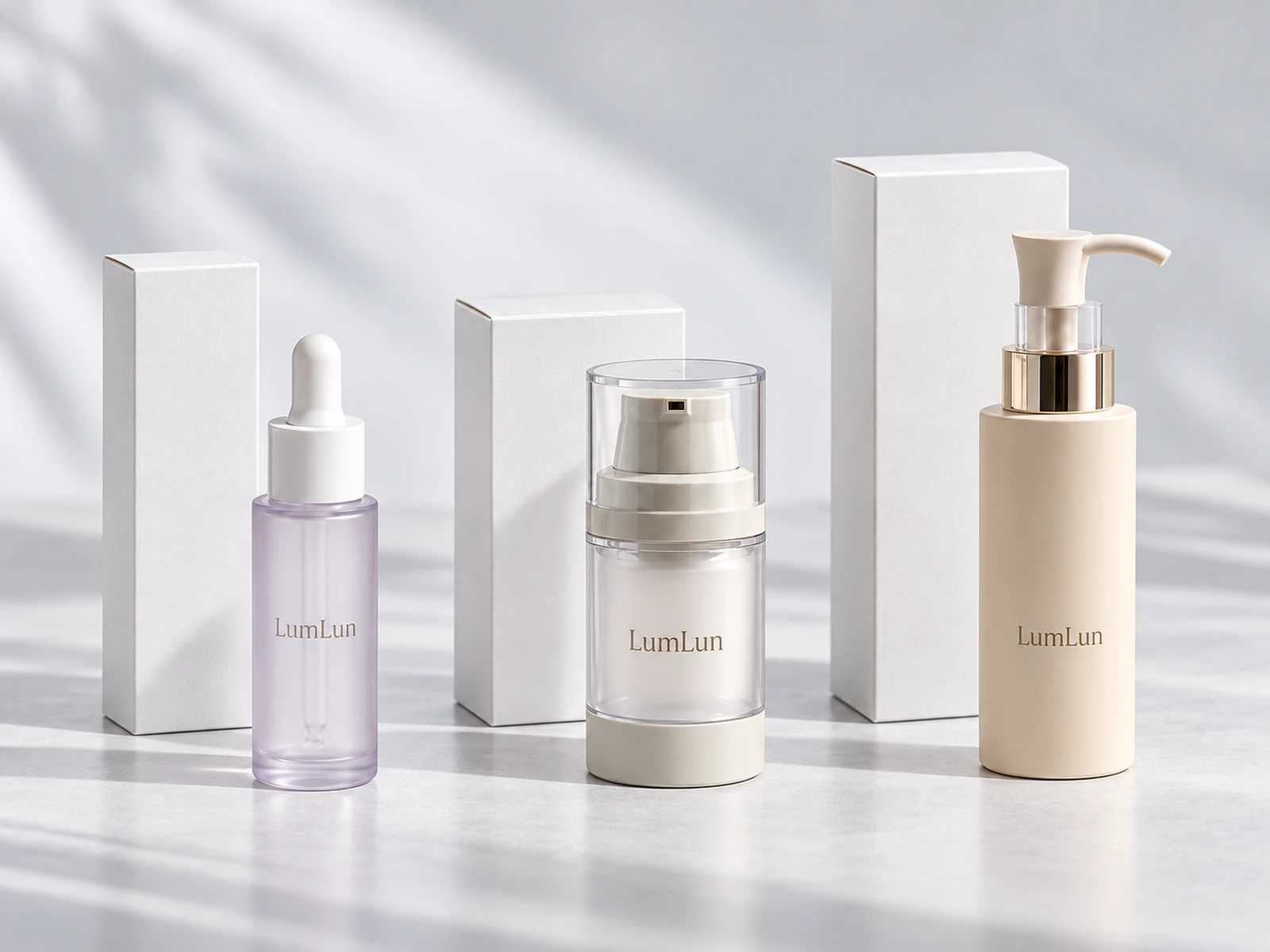 Three LumLun cosmetic bottles with different shapes and matching paper boxes showing that the same capacity can require different box sizes