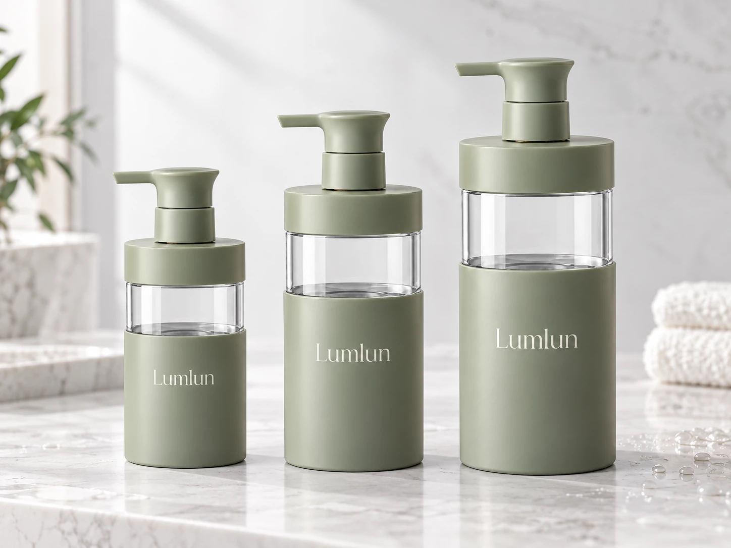 Serie de botellas de champú con bomba LumLun en tres capacidades para envases capilares de gran formato