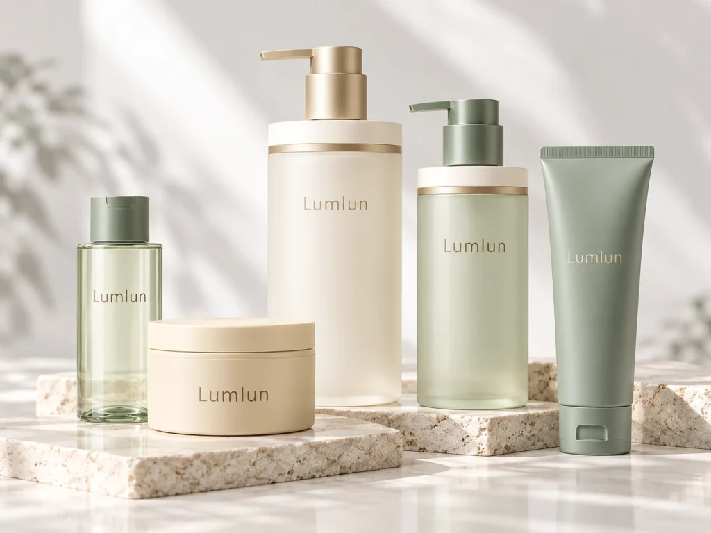 LumLun hair care packaging family with shampoo pump bottles, cream jar, and cosmetic tube