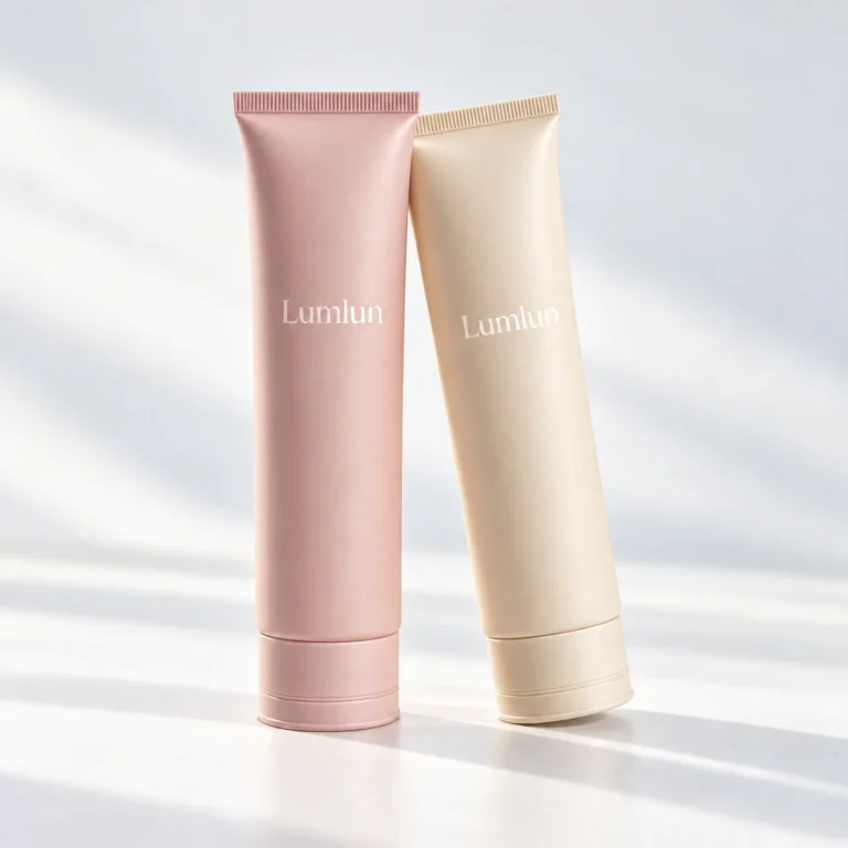 Two pink and ivory cleanser tubes with matching opaque flip caps