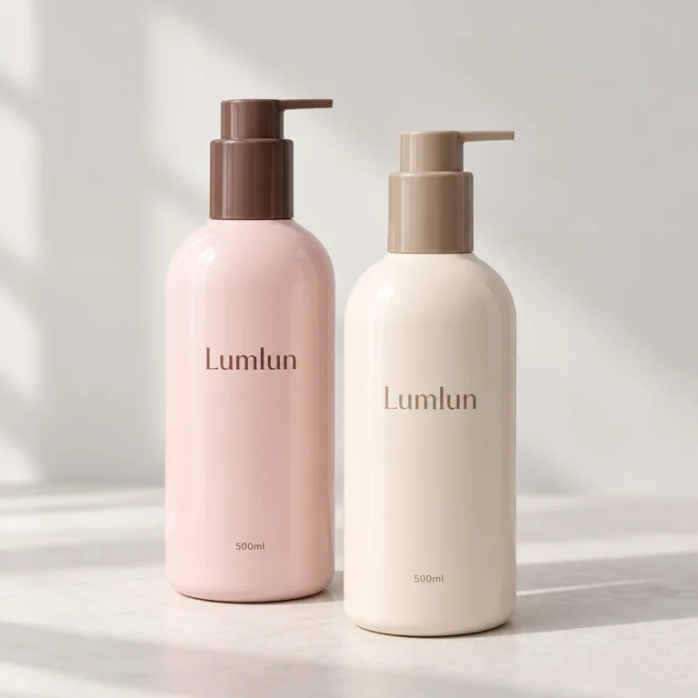 Pink and cream PET pump bottles with tall slim silhouettes