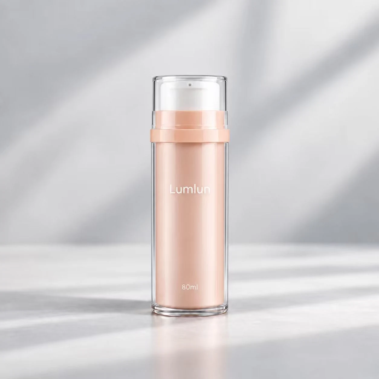 Single LumLun 80ml PS + PP replaceable inner airless bottle with clear outer shell and soft pink inner body