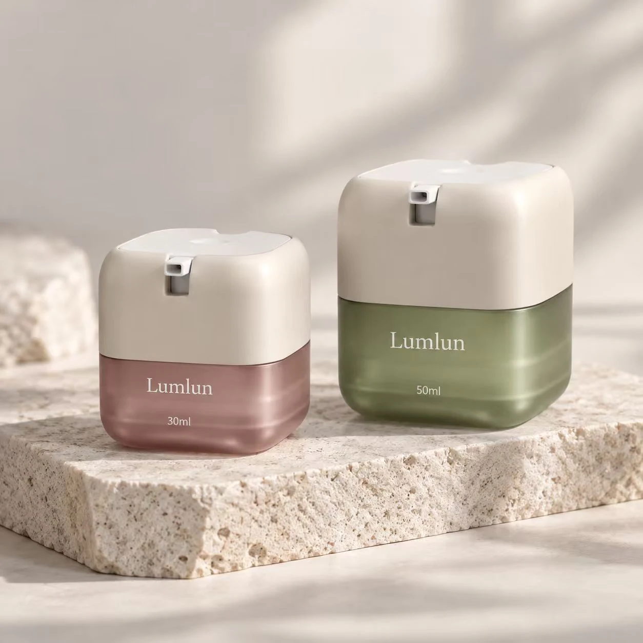 LumLun square PETG airless jar pair in 30ml and 50ml with cream tops and translucent lower bodies