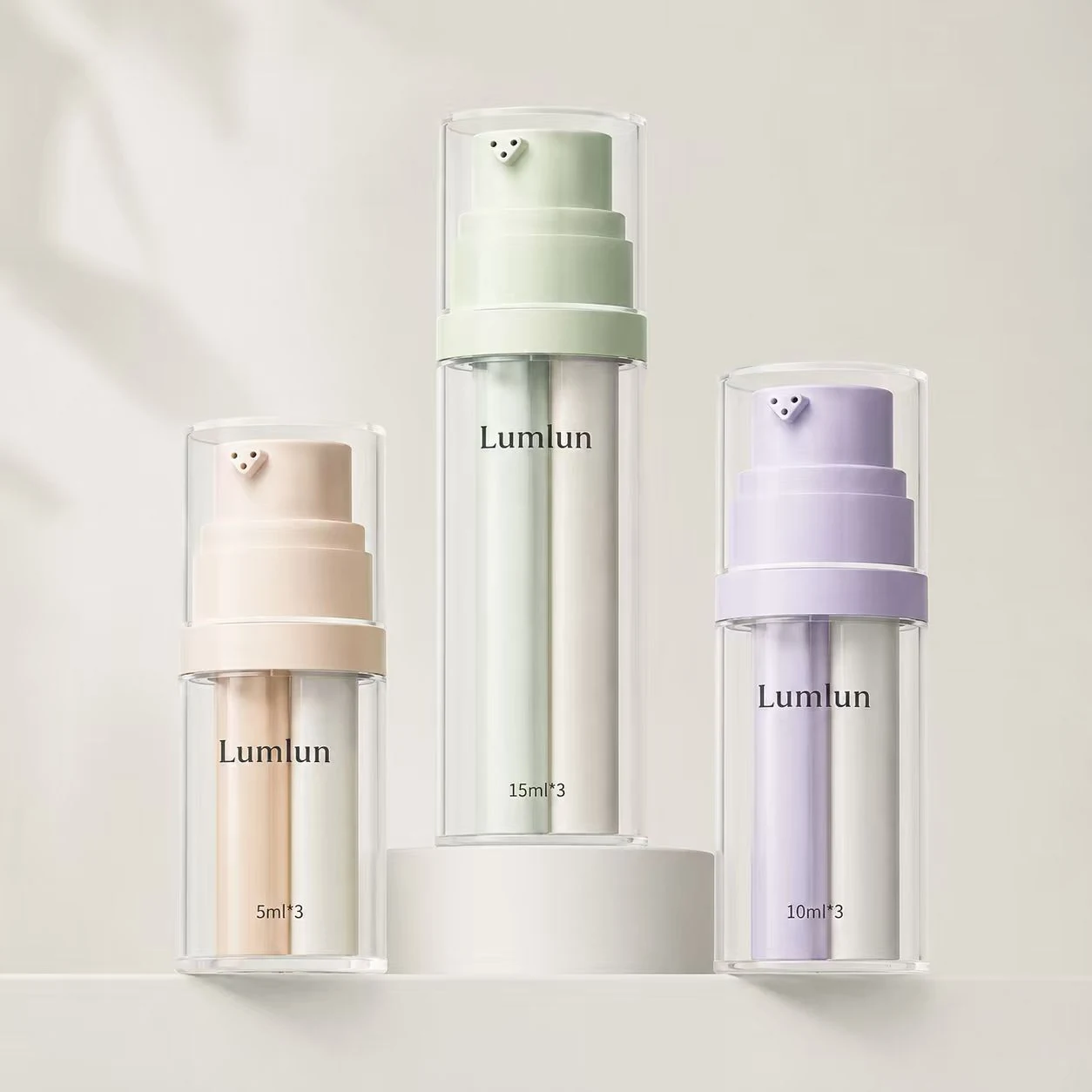 Opciones de capacidad de botella airless LumLun de triple cámara en 3 × 5 ml, 3 × 10 ml y 3 × 15 ml