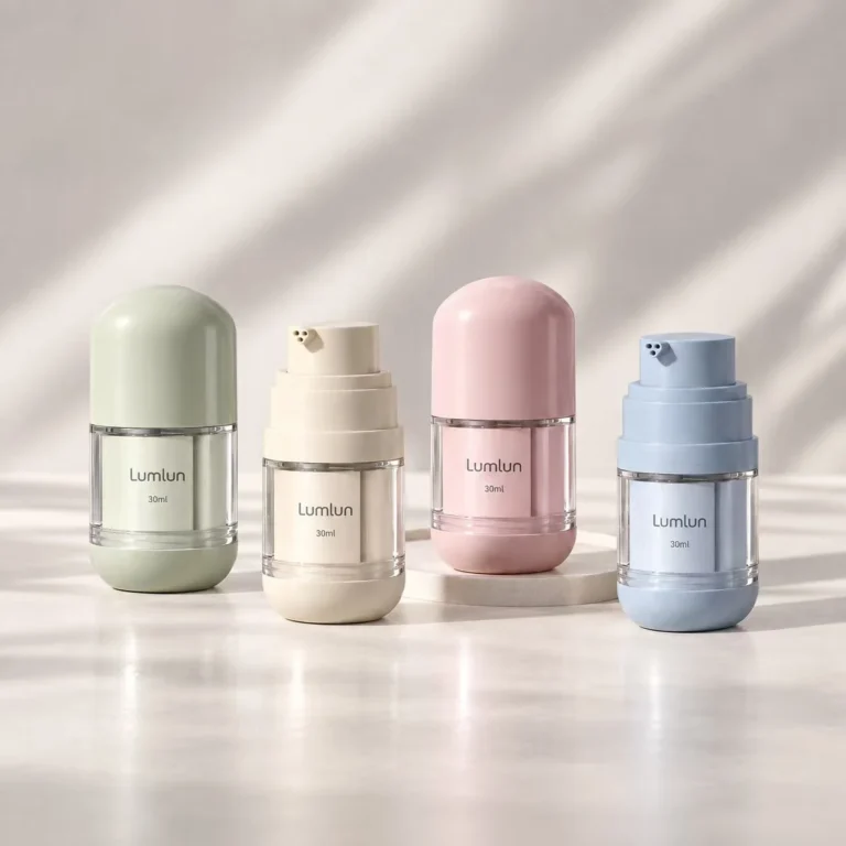 LumLun PETG triple-chamber airless serum bottles in four pastel colors