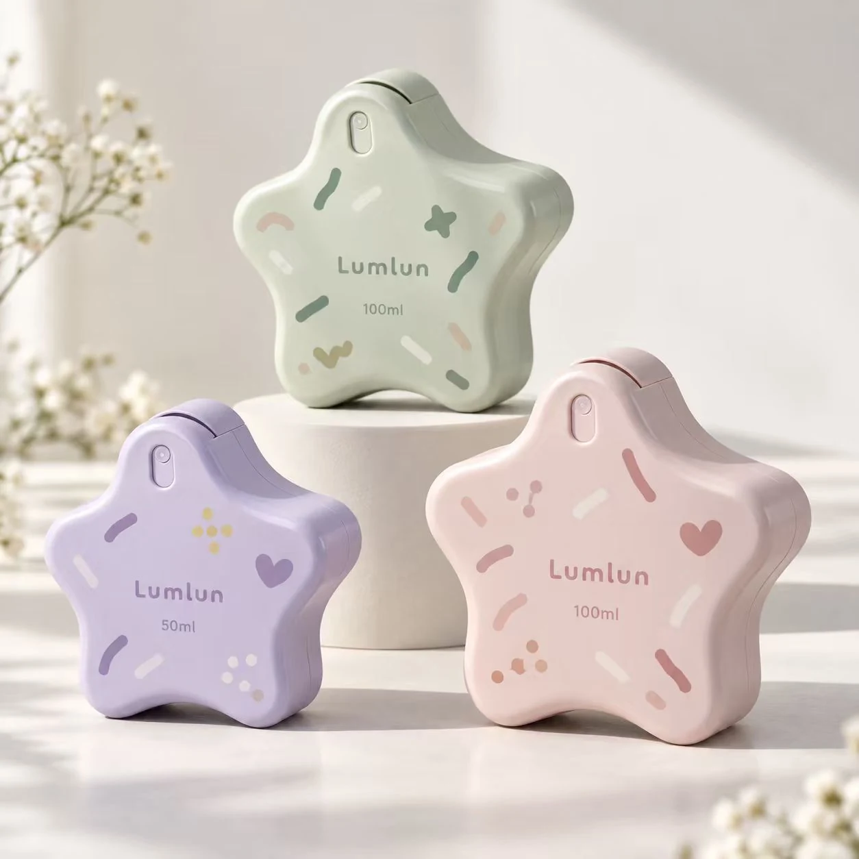 LumLun star-shaped spray bottles showing 50ml and 100ml packaging sizes