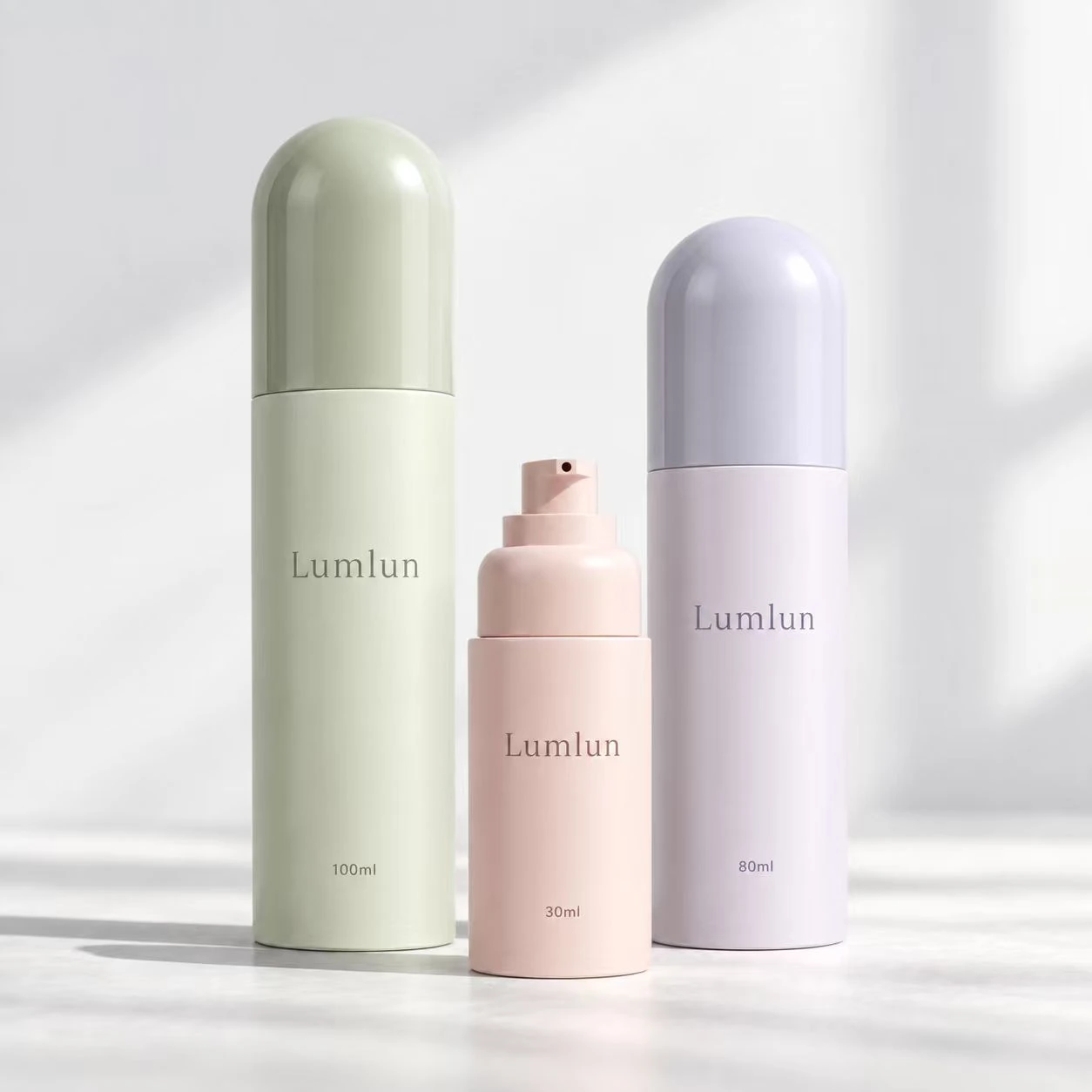 LumLun PP-Kapsel-Airless-Flaschen in Pastellgrün, Rosa und Flieder mit Größenrichtungen 30, 80 und 100 ml