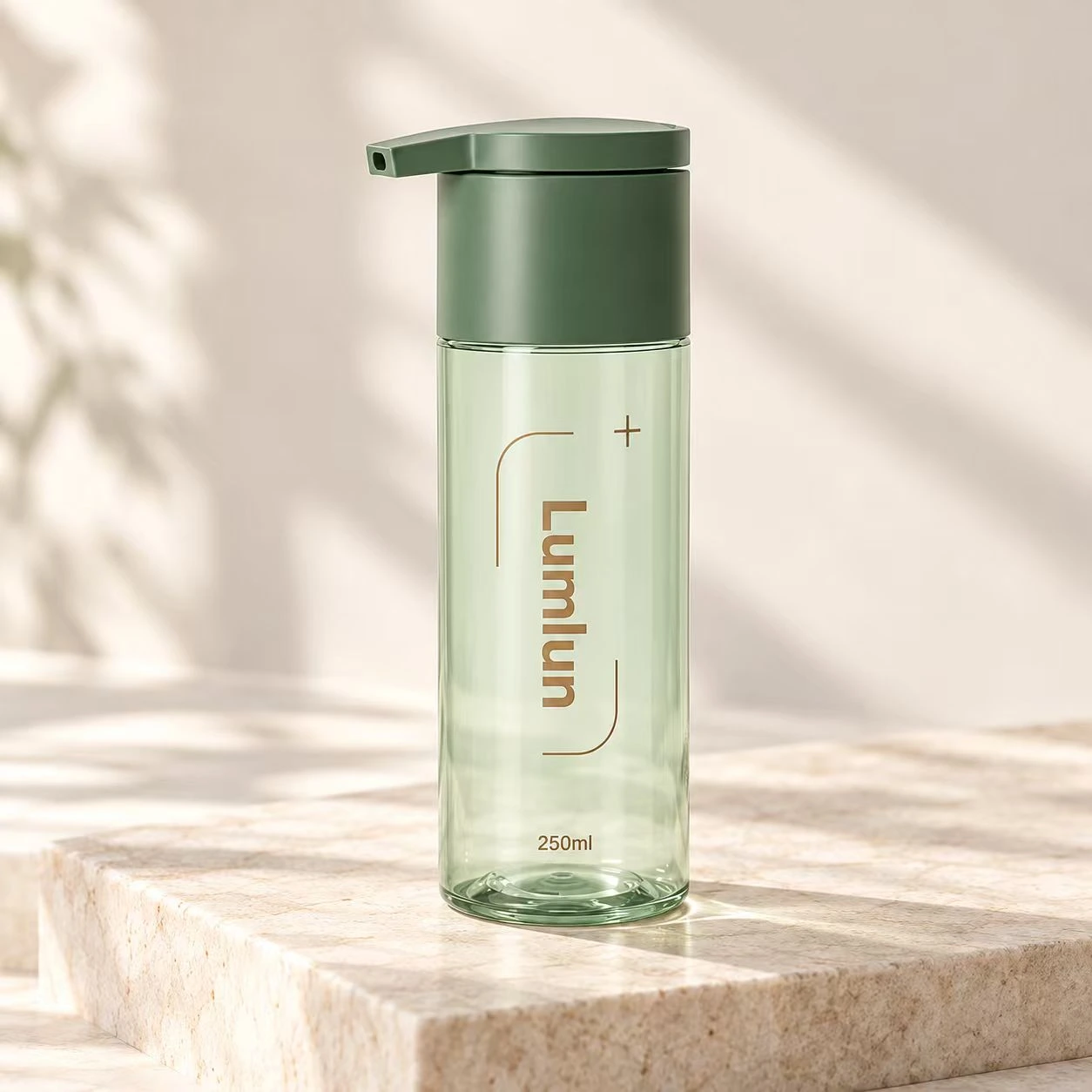 Einzelne PET-Waschflasche mit Sichtfenster in sanftem Grün mit 250 ml.