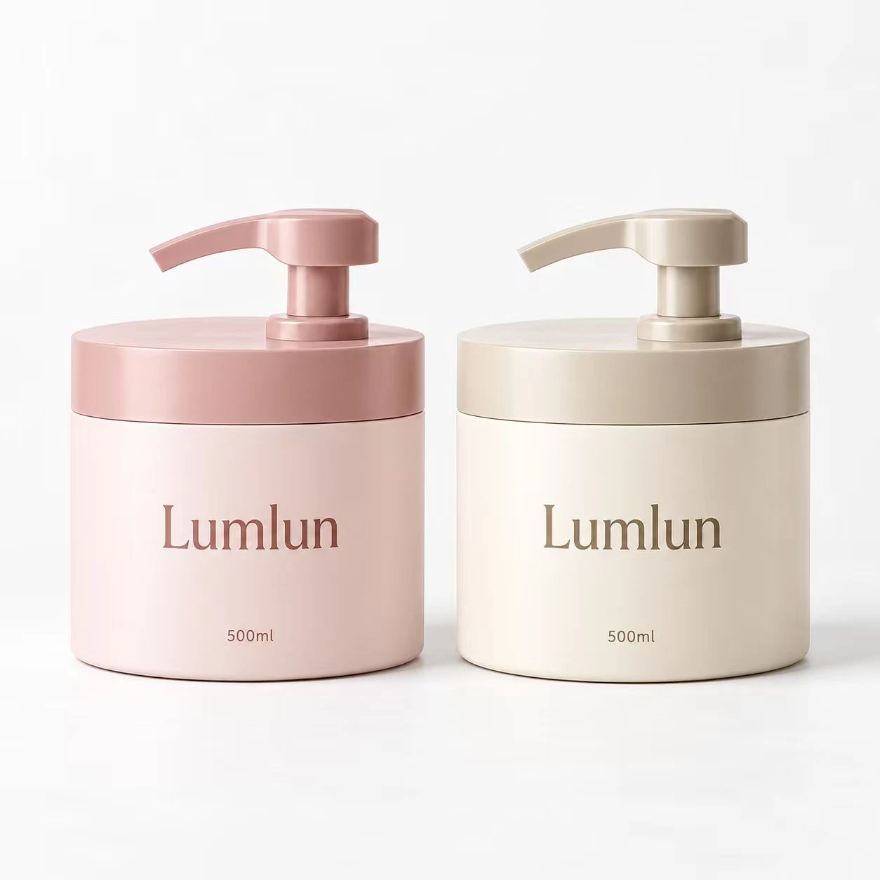 Two wide PE pump containers in soft pink and cream, each in 500ml.