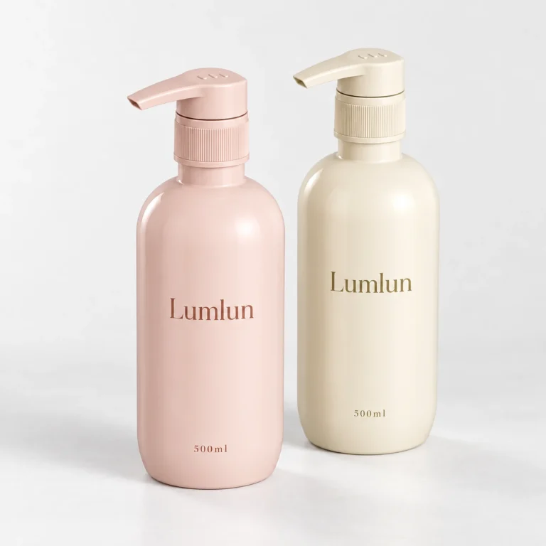 Two rounded 500ml PET pump bottles in soft pink and cream.